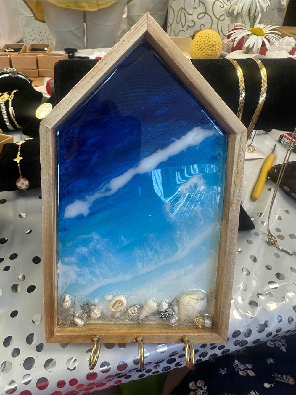 Wall key holder.Coastal Resin Wall Art in Blue and White - Framed Beach Scene